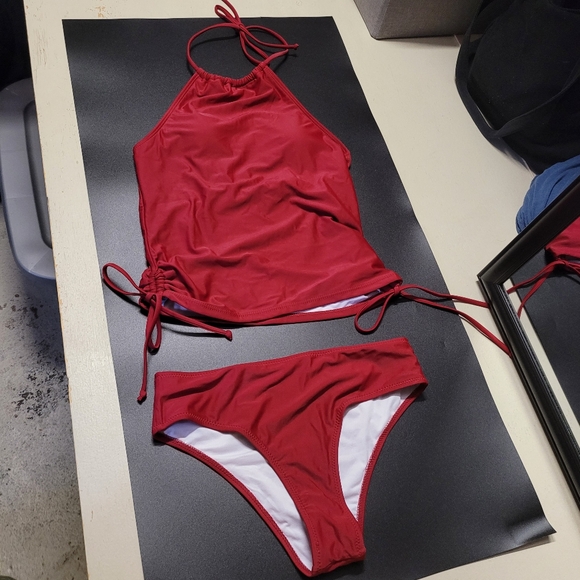 Solid Tummy Control Drawstring Side Tankini Set Red - Picture 1 of 13